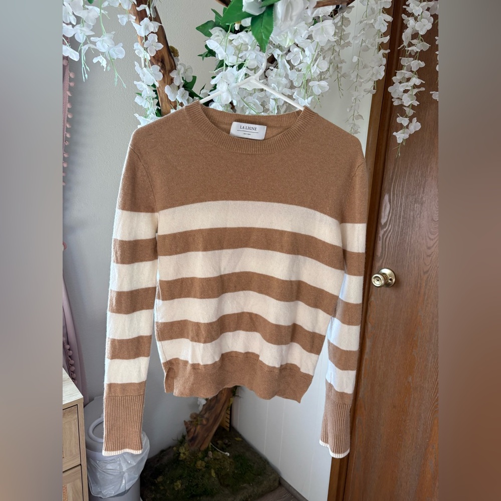La Ligne Cream and Brown Striped Crewneck Sweater